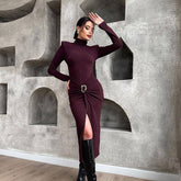 Robe fourreau slim à col montant, manches longues, taille haute fendue